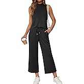 ATHMILE Two Piece Sets for Women Spring Summer Outfits Lounge Travel Mock Neck Drawstring Wide Leg Pants Tops Beach Vacation