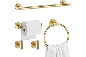 Brushed Gold Bathroom Hardware Set 5-Piece Towel Bar Set with 23.6 Inch Round Stainless Steel Towel Bar Wall Mounted