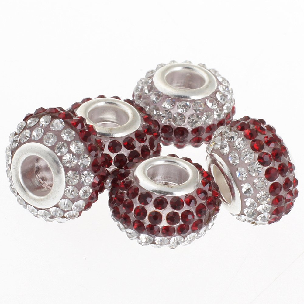 RUBYCA Big Hole Czech Crystal Large Charm Beads fit European Bracelet (10pcs, 15mm, Red and White)