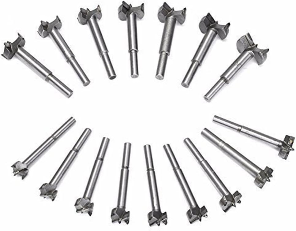 16Pcs Forstner Drill Bit Sets,15mm-35mm Tungsten Steel Woodworking Hole Saw Set Wood Boring Drill Bits Wood Cutter Auger Opener Round Shank Drilling Cutting Rotary Tool Kits for Wood Plastic Plywood