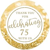Andaz Press Glitzy Faux Gold Glitter Round Sticker Labels, Thank You for Celebrating 75 with Us, 75th Birthday or Anniversary, 40-Pack