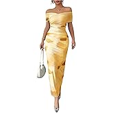Floerns Women's Mesh Off The Shoulder Dress Ruched Wrap Front Bodycon Maxi Party Dresses
