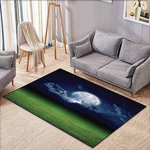 Rectangular Rug,Mystic House Decor Grass Field Sports Stadium Under Cloudy Night Sky with Moon Lunar Mystic,Children Crawling Bedroom Rug,4'11"x6'10" Green Navy