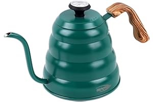IKAPE Espresso Pour Over Coffee Kettle, Gooseneck Tea Kettle, 40 oz with Thermometer, Premium Stainless Steel Kettle Body & Ergonomic Wood Handle(Green)