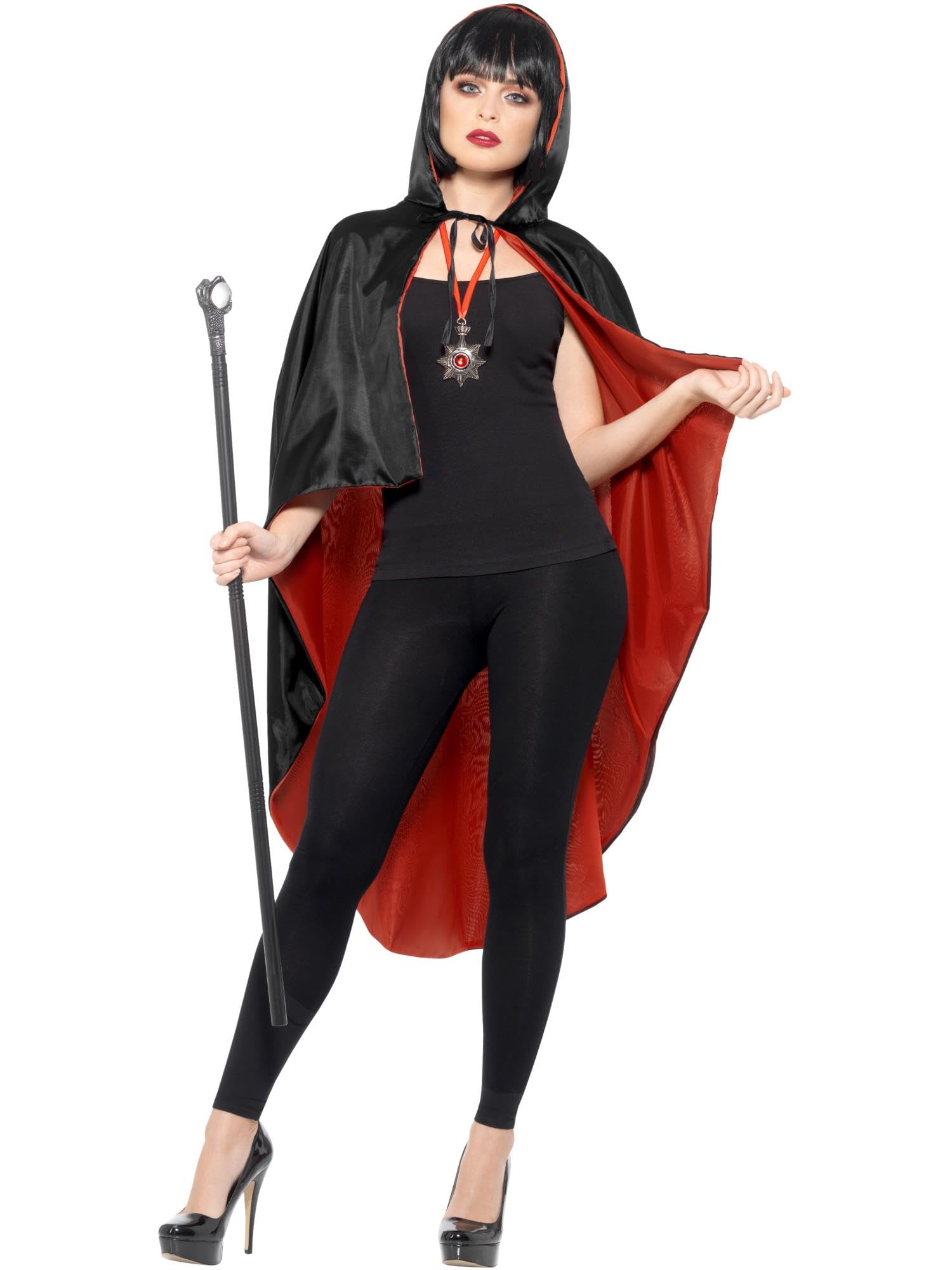 Smiffys Vampire Kit, with Reversible Cape, Black Detachable Cane & Metal Medallion, Halloween Fancy Dress Accessory, Vampire Dress Up Accessories
