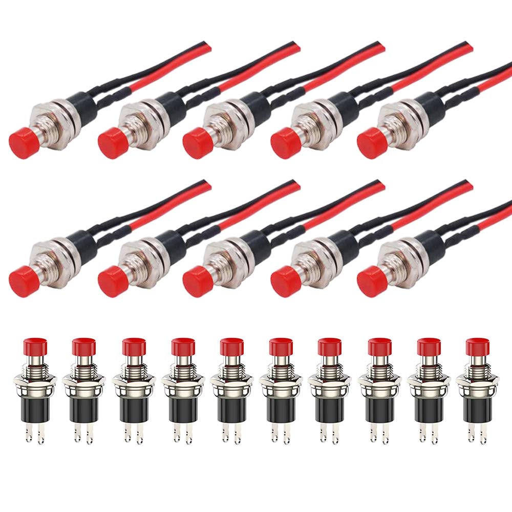 GTIWUNG 20Pcs 1A 250V AC 2Pins SPST Momentary Mini Push Button Switch Normal Open, 7mm Prewired Push Button Switch, Pushbutton Switches with Pre-soldered Wires for Model Railway Hobby, Red