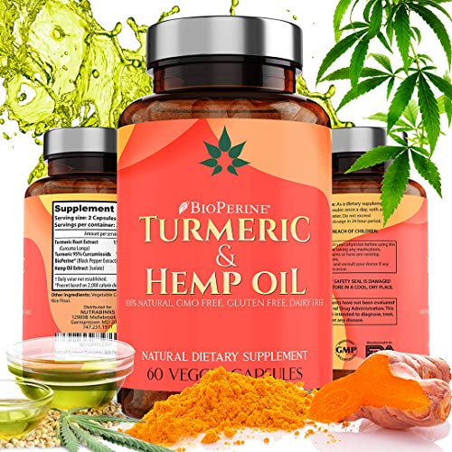 Natural Turmeric Curcumin with 1500mg Hemp Oil & BioPerine - 95% Curcuminoids & Black Pepper - 60 Capsules