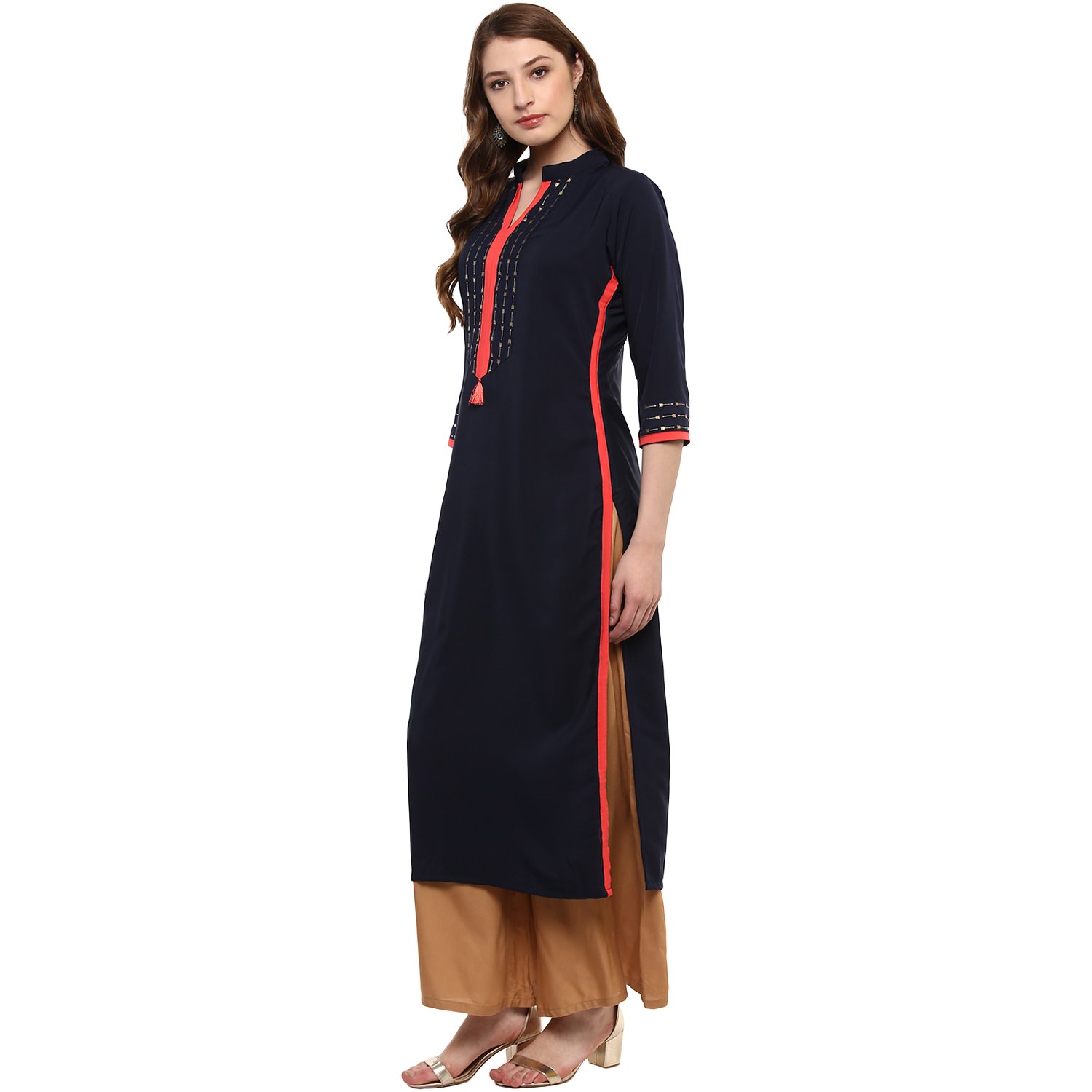 ziyaa women's blue colour 3/4th sleeve crepe straight kurta