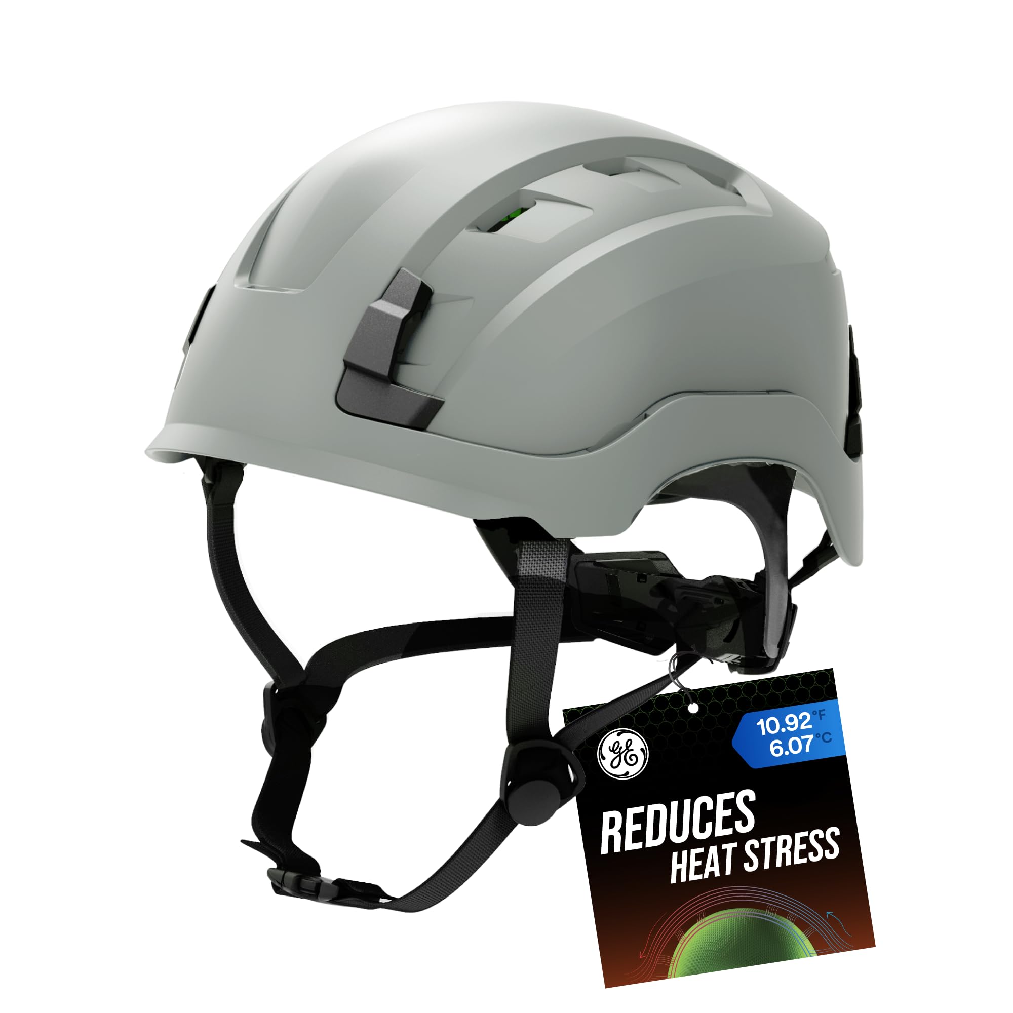 Photo 1 of GE Safety Helmet, Impact Absorbing Tech, Adjustable Ratchet, ANSI Type 1, Memory Foam Padding, Hard Hats Protection, Lightweight, Durable, Chin Strap - Gray, Class C (Vented), OSHA Approved