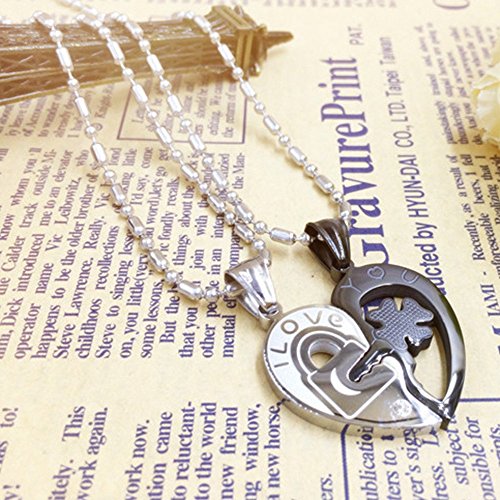 Happy Hours - His and Hers Heart Shape Couples Necklace Engraved I Love You Open Your Heart/Fortunate Four Leaf Clover Key and Stainless Steel Lock Pendant Couples Necklace with Black Bag(Black)