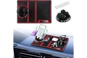 NHHEO Car Anti Slip Mat Dashboard Tray Decorations Sticky Pad 4 in 1 Multi Functional with 360° Rotating Universal Phone Pad Holder+Number Plate, Washable Car Dash Mat(Black&Red)