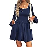 Mieazom Women Bell Long Sleeve Mini Dress Square Neck Button Down A Line Pleated Winter Fall Dresses with Pockets