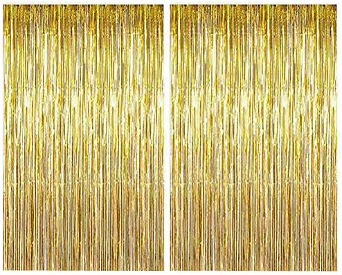 Topkey 2 Pack Foil Curtains Tinsel Metallic Fringe Streamers Curtain for Birthday Party Photo Backdrop Wedding Christmas Decoration - Each Size 1m x 2 m (Gold)
