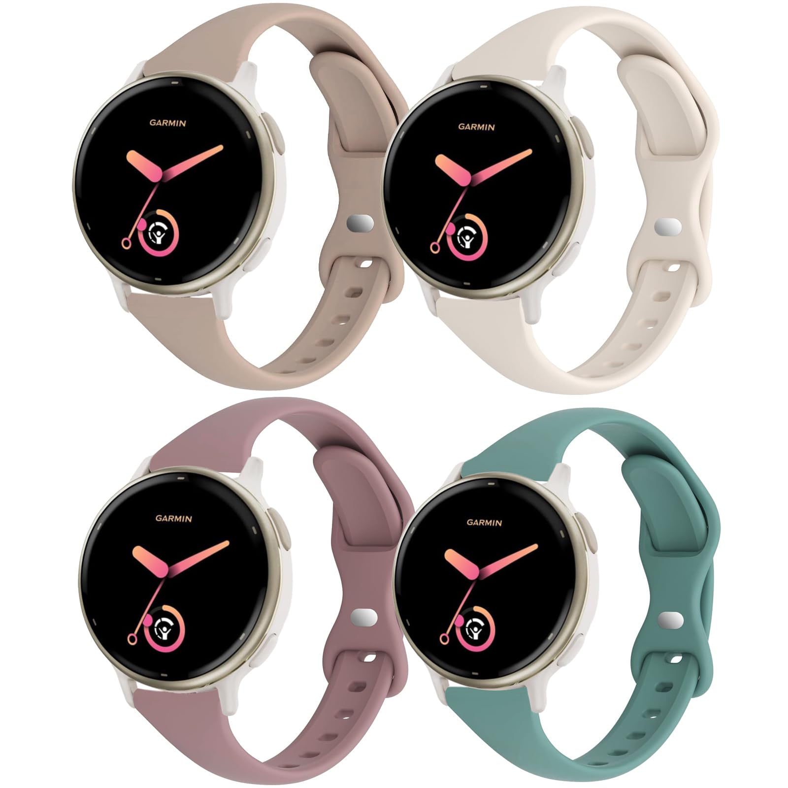 CUNUJIX Slim Silicone Watch Bands Compatible with Garmin Vivoactive 6/ Vivoactive 5/Vivoactive 3/Venu Sq/Venu 2 Plus/Forerunner 165/55/245 Music, 20mm Thin Soft Narrow Sport Strap for Women (4 Pack)