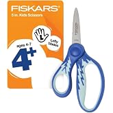 Fiskars 5" SoftGrip Kids Left-Handed Pointed-Tip Scissors, Ages 4-7, Blue | Scissors with Safety Edge Blades for School or Crafting, Ergonomic Handles Designed for Kids Hands, Back to School Supplies