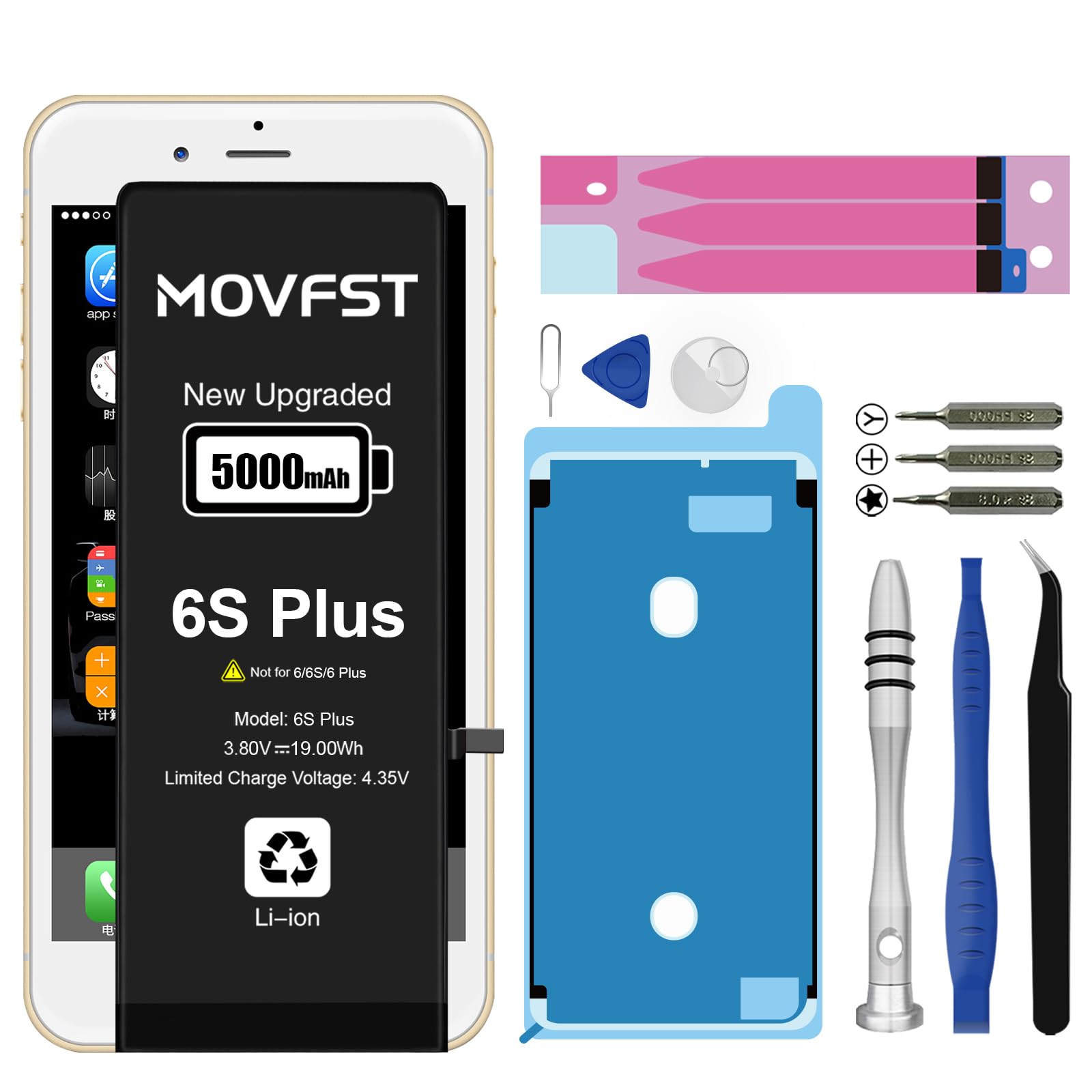 MOVFST Replacement Battery for iPhone 6S Plus,Li-ion Polymer 5000mAh High Capacity Battery Fit for iPhone 6S Plus Model A1634 A1687 A1699 with Repair Tool Kits