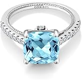 Gem Stone King 4.52 Cttw Sky Blue Topaz and White Created Sapphire Engagement Ring For Women | 925 Sterling Silver | Cushion 10MM | Wedding Engagement Anniversary Promise Ring For Women