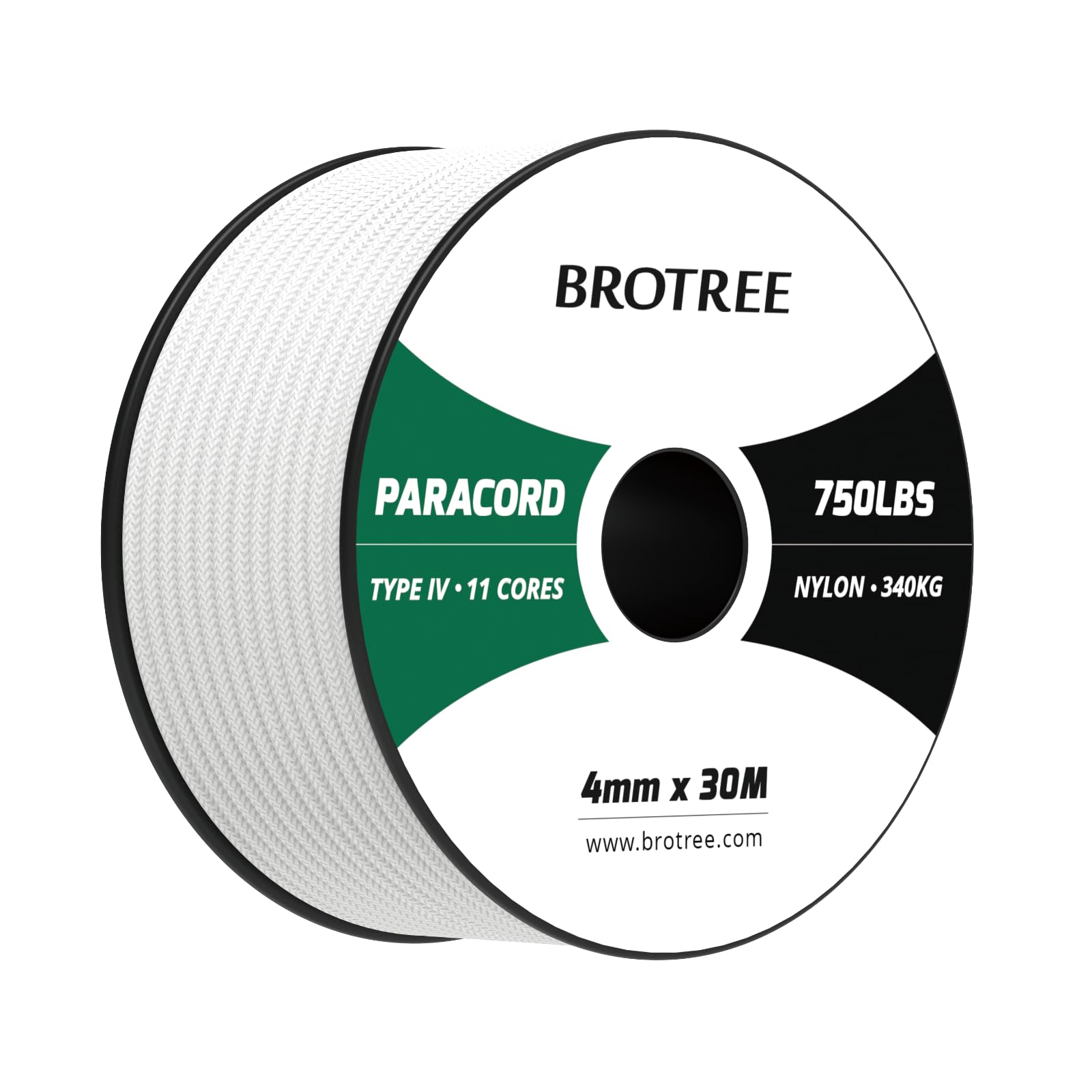 Brotree Paracord 4mm 30M 100% Nylon Rope 11 Strands 750lb Parachute Cord Type IV for Survival, Outdoor and DIY - 340kg Breaking Load (White)