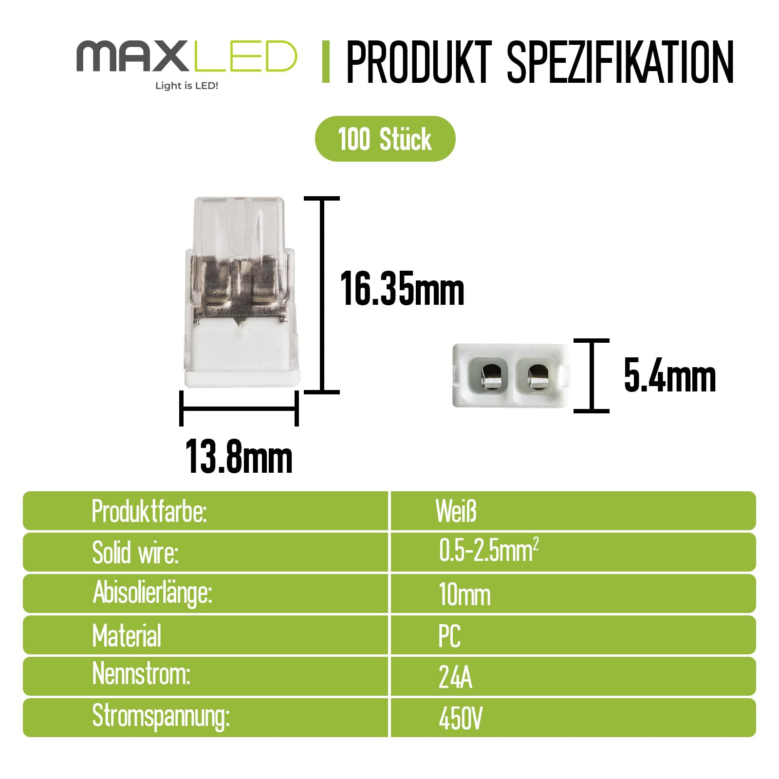 Maxled, Light is Led! Verbindungsklemmen,Klemmen 2 Polig Leiter, 100 Stück Kabelverbinder Kabelklemmen für Alle Leiterarten Weltweit,Anschlussklemmen Strand Wire:0.5-2.5mm² PCT-212 2