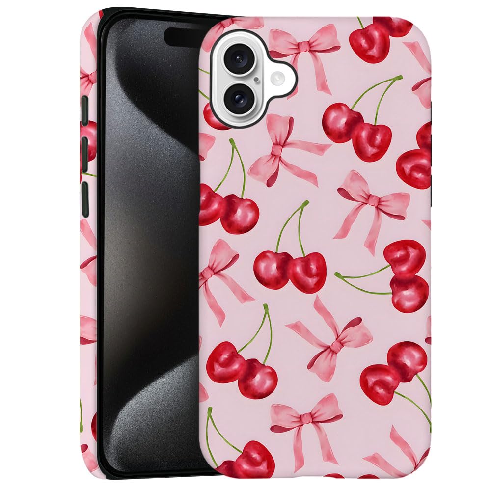 Generic Case for iPhone 16 - [Drop Protection Phone Cover] - Hybrid Case for Girl Women - Cherry Ribbon Bow Fruit Pink