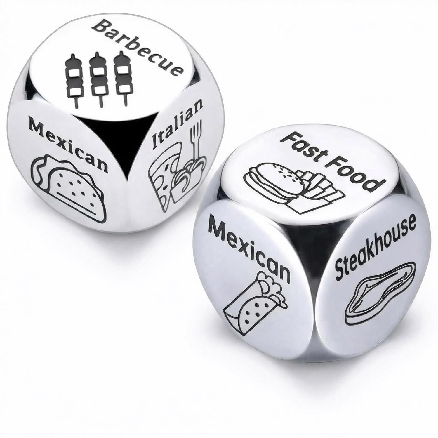 Food Dice - Fun Couples Game for Date Night, Gift for Him/Her, Boyfriend Girlfriend - Stainless steelDice for Choosing Meals Like Pizza, Pasta, Hamburg - Anniversary, Christmas, Birthday Gift