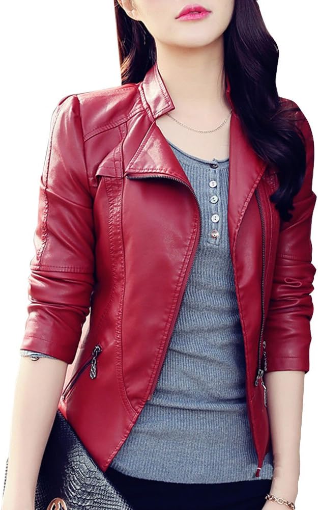 Women Girls Slim Fitted Zip Up Long Sleeve Faux Leather PU Biker Motorcycle Jacket