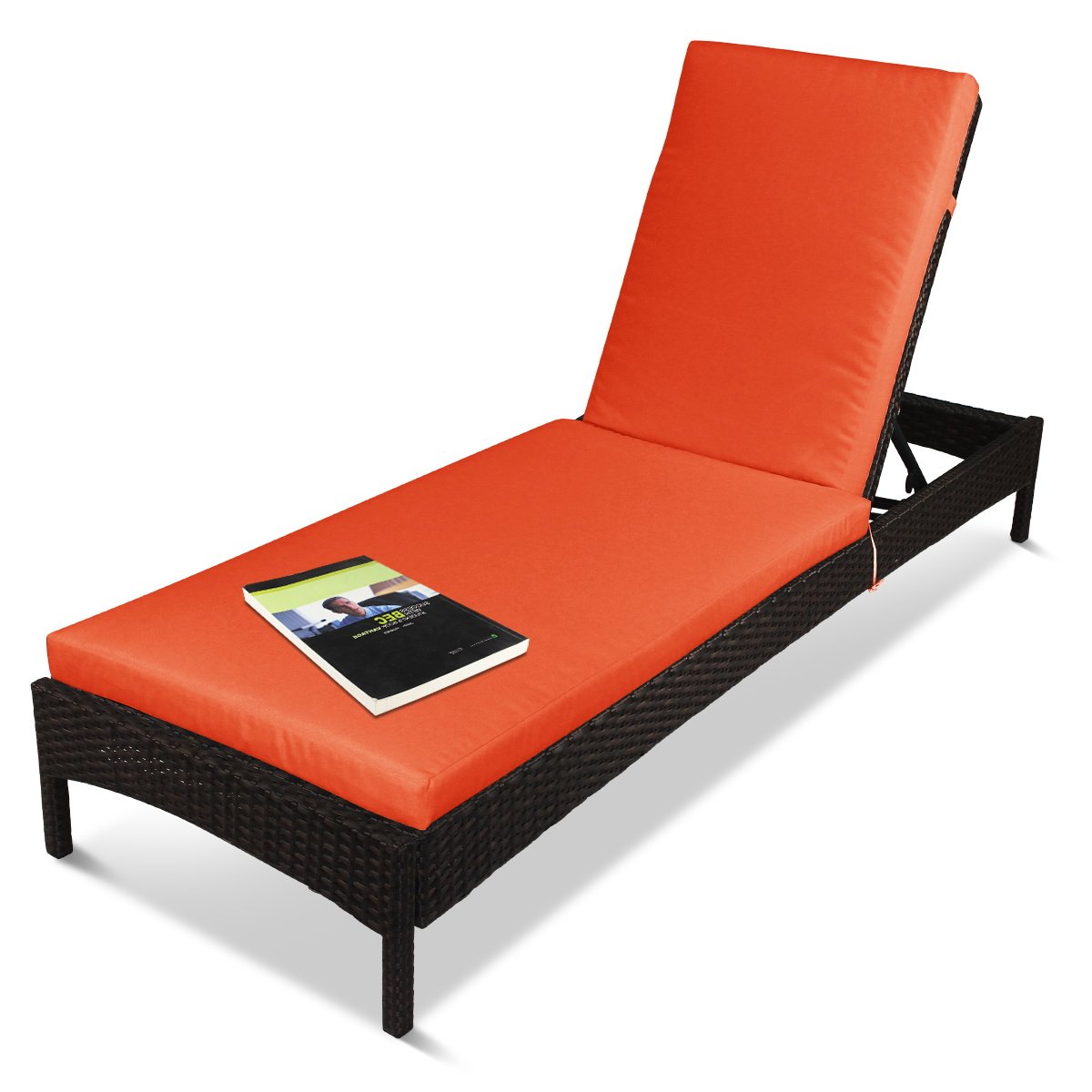 Outdoor Chaise Lounge, Outdoor Patio Adjustable Chaise Lounger Recliner Lounge Chair, Rust-Resistant Aluminum Frame, with Cushions- Brown&Orange