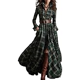 Womens Maxi Plaid Long Sleeve Button Down Shirt Dresses Dressy Casual Green Yellow A-Line Flowy Swing Belted Dress Elegant Boho Western Retro Collared Dress with Pockets for Women Spring Fall Winter