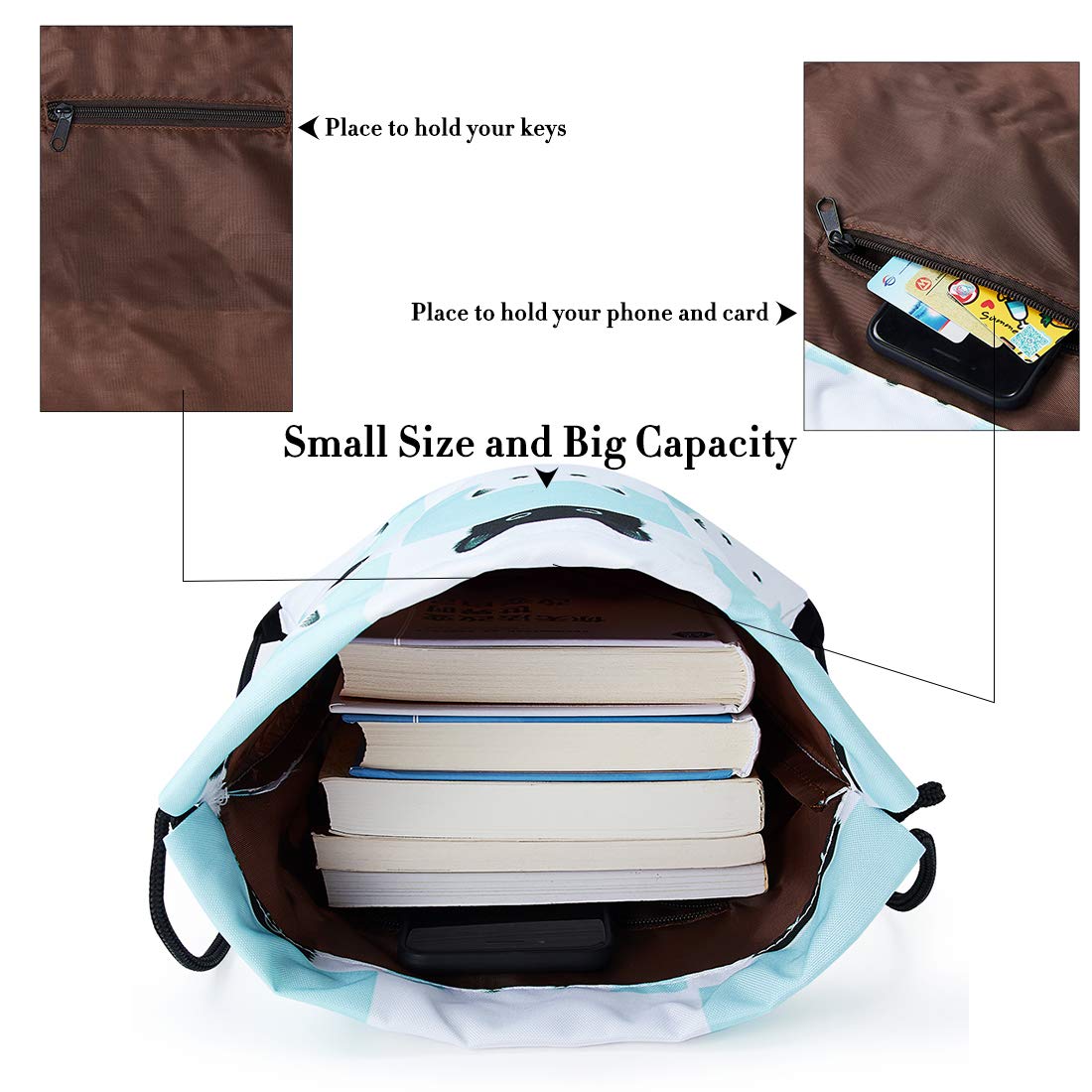 TUONROAD Pretty Cute Design Animal Print Drawstring Backpack Teal White Grid Black Cat Waterproof Lightweight Heavy Duty String Cinch Bag Sack Pack for Toddler Children Kids Girls Boys