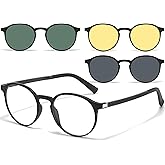 UNIEOWFA Retro Round Glasses Frame for Men Women With 3 in 1 Polarized Magnetic clip on Sunglasses Eyeglasses Optical Eyewear