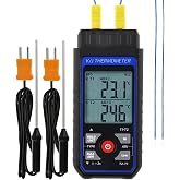 Dual-Channel K/J Thermocouple Thermometer with 4 K-Type Thermocouples -328&deg;F ~ 2501&deg;F Measurement Range HVAC Temperature Meter Gauge with Data Hold, MAX/MIN/AVG, Hi/Lo Backlit Alarm, ADJ Compensation