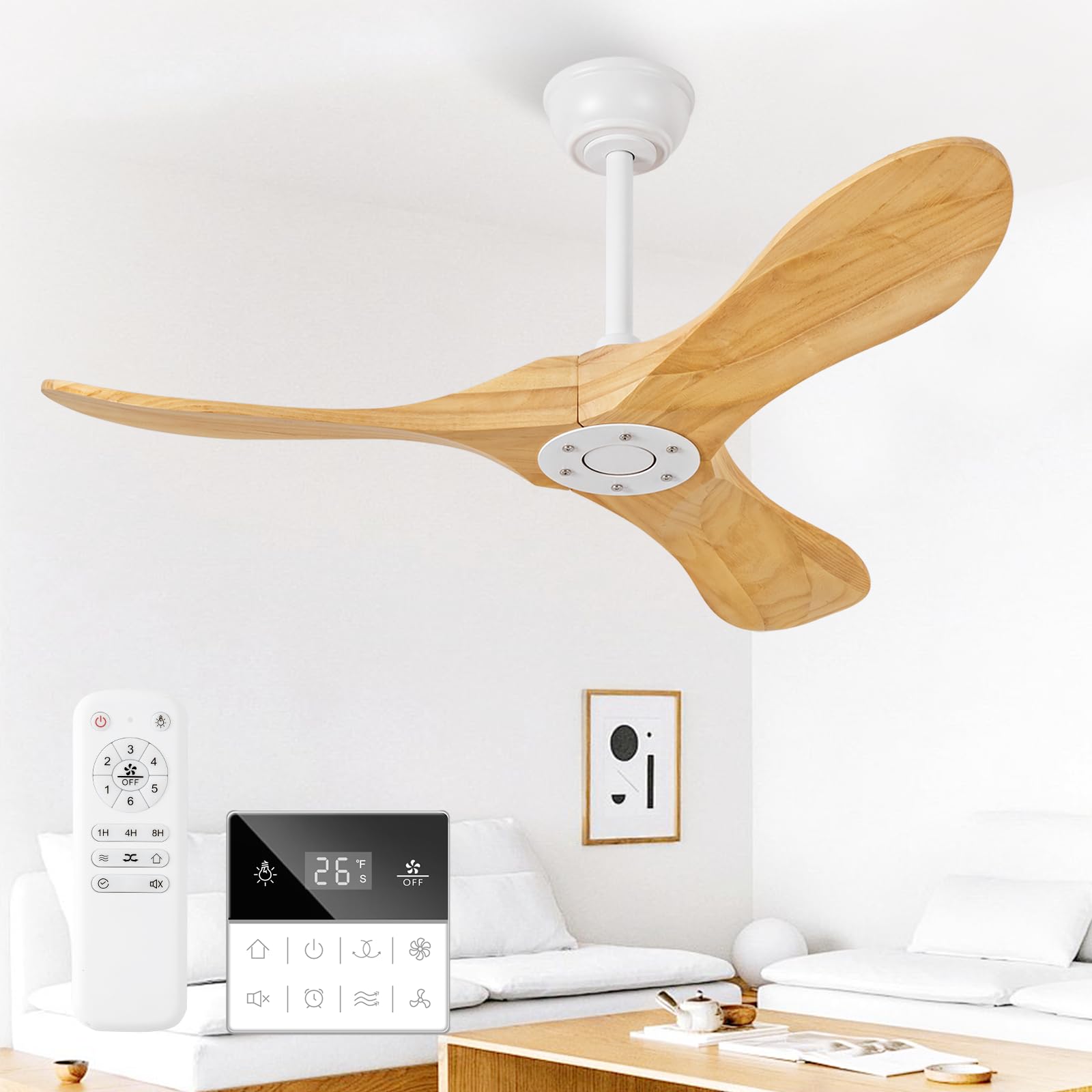 Photo 1 of Benicefun 42 Inch Solid Wood Ceiling Fan No Light,Propeller Outdoor Ceiling Fans Without Lights with Wall Switch and Remote Control,Quiet DC Motor,3 Blades Ceiling Fan for Patios,Living Room,Bed Room