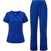 COZYFIT Scrubs for Women - Mock Wrap Top & Straight Leg Pants with 6 Pockets, Back Princess Seams, Soft Fabric