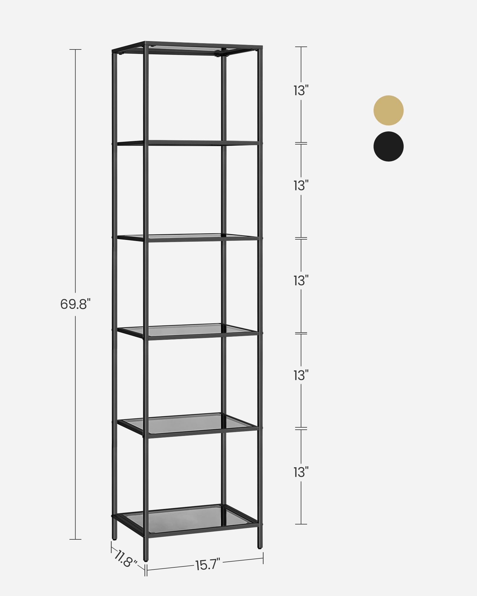 VASAGLE Bookcase, 6-Tier Bookshelf, Slim Shelving Unit for Bedroom, Bathroom, Home Office, Tempered Glass, Steel Frame, Ink Black and Slate Gray ULGT500G01