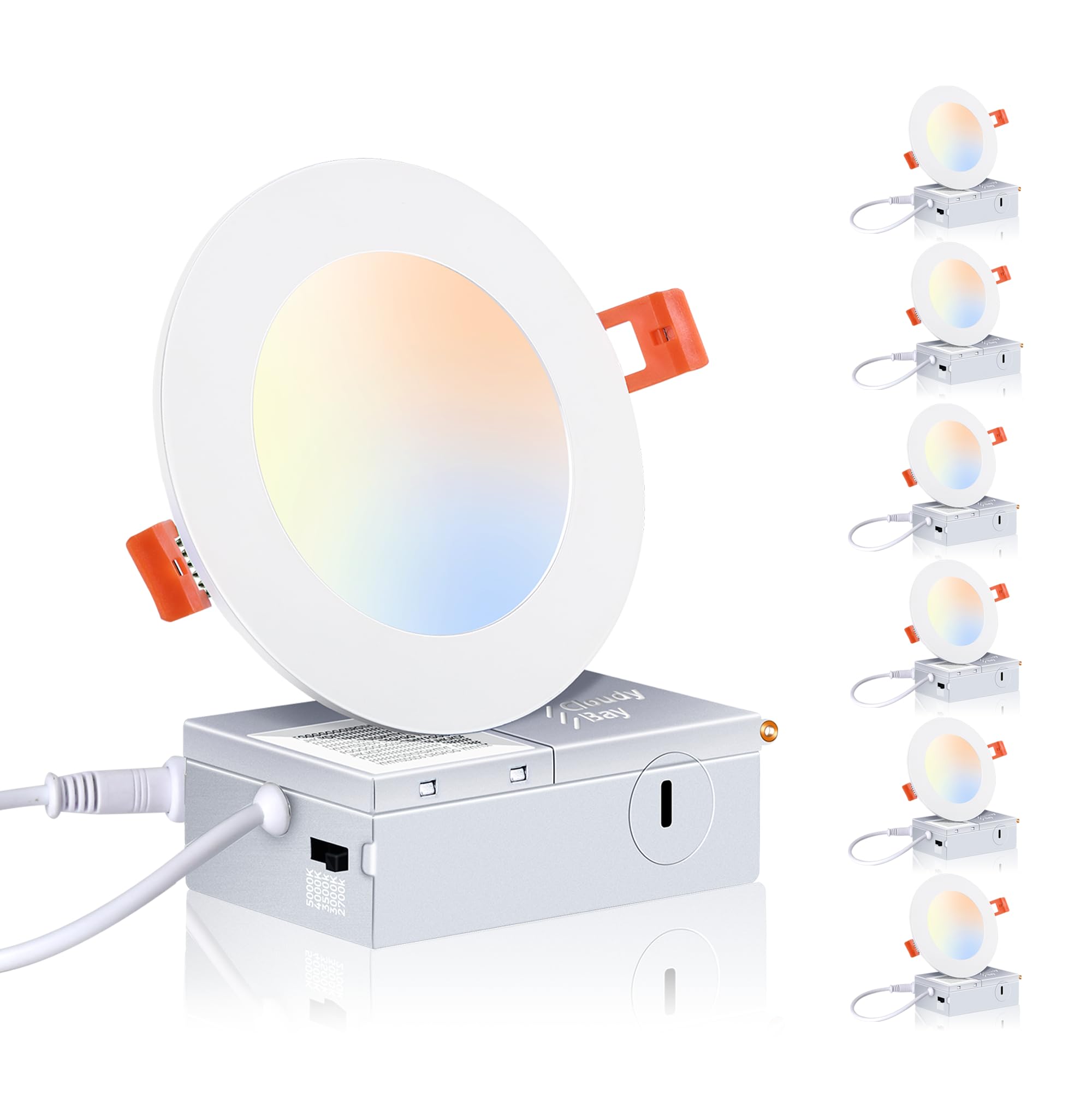 Photo 1 of CLOUDY BAY 6 Pack 4 Inch 5CCT Ultra-Thin LED Recessed Ceiling Light with Junction Box,2700K/3000K/3500K/4000K/5000K Selectable,10W Dimmable Canless Wafer Downlight,White,650LM High Brightness