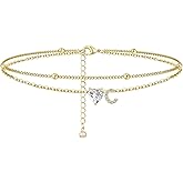 MYYOII Ankle Bracelets for Women Waterproof 14K Gold Plated CZ Initial Anklet for Women Dainty Layered Letter Heart Ankle Bracelets Handmade Adjustable Foot Chain Anklet Summer Beach Jewelry