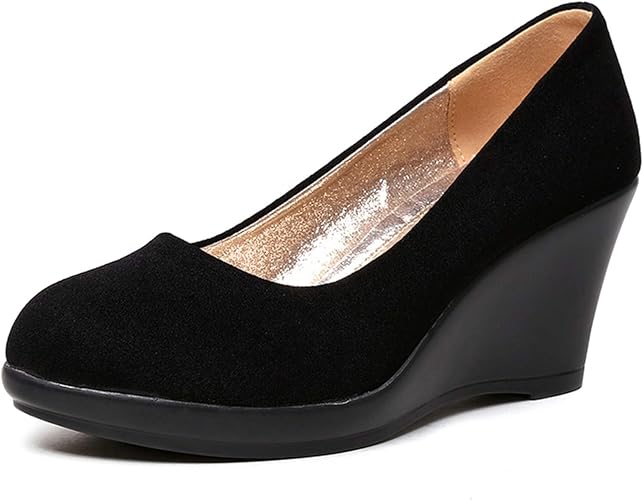 Amazon イノヤシューズ スエード ウェッジソール ミドルヒール パンプス 痛くない 黒 結婚式 レディース 太ヒール 小さいサイズ 大きいサイズ ラウンドトゥ ウエッジソール 靴 フォーマル 歩きやすい お呼ばれ パーティ イノヤシューズ パンプス