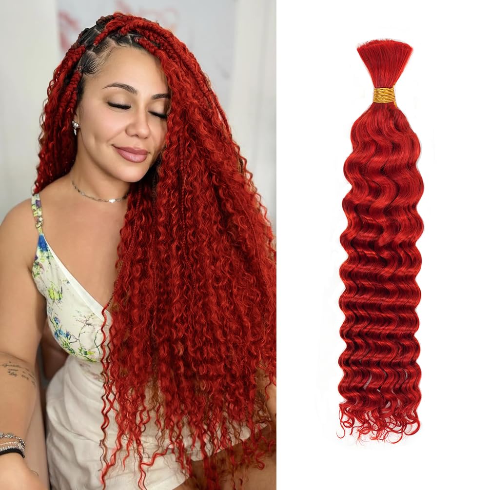 Photo 1 of 12 Inch Deep Wave Human Braiding Hair for Boho Braids – 50g 1 Bundles/Pack Red 100% Unprocessed 12A Brazilian Virgin Human Hair Bulk, No Weft, Wet & Wavy Curly Extensions