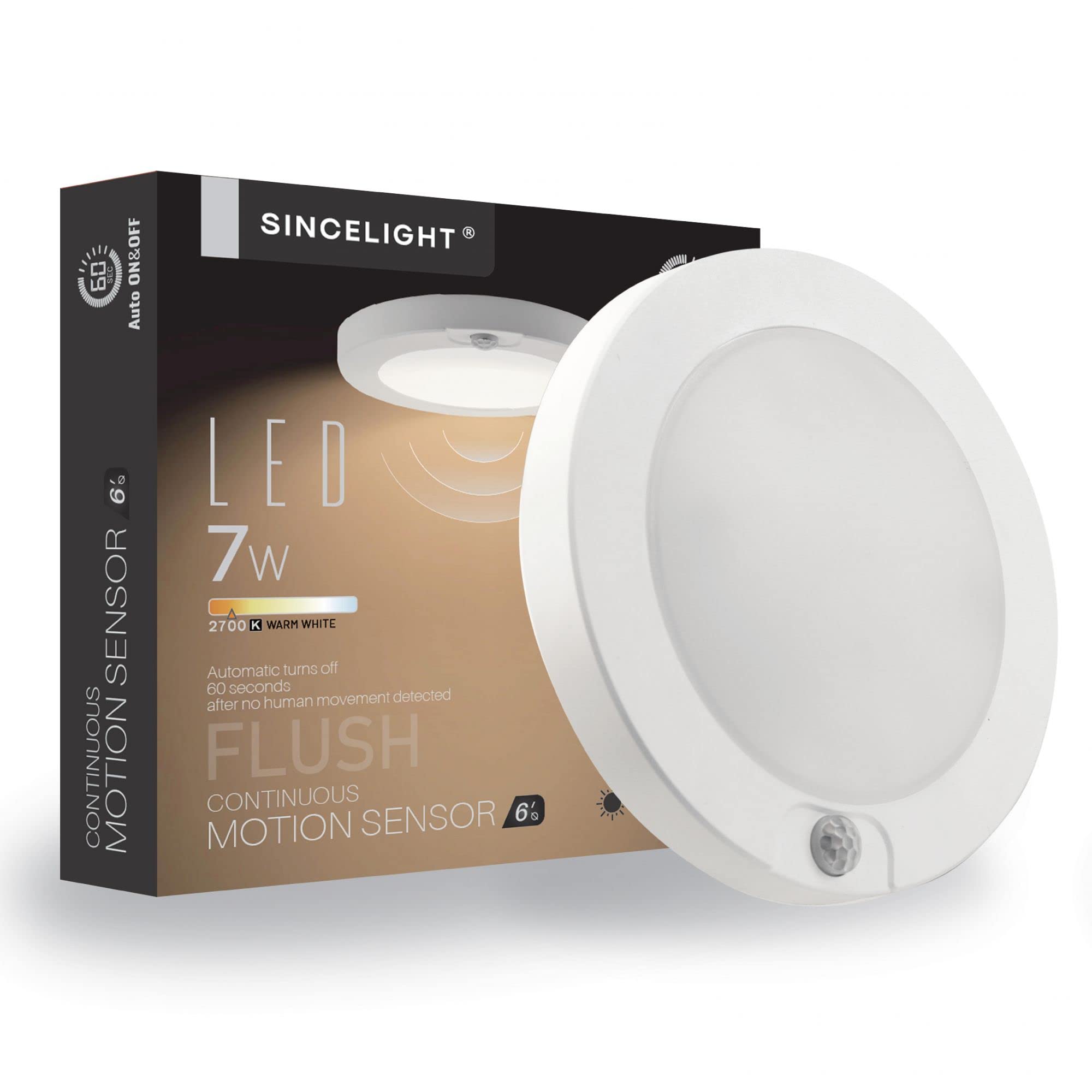 SINCELIGHT PIR Motion Sensor 7W LED Ceiling Light (Φ6''/146mm), Automatically ON/Off, Movement Activated, Warm White 2700K, Surface/Flush Mount for Closet,Cabinet,Hallway, Damp Use, Pack of 1 — image 1