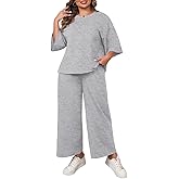 Beautife Womens Plus Size 2 Piece Outfits 3/4 Sleeve Tops and Wide Leg Pants Loungewear Pajamas Sets
