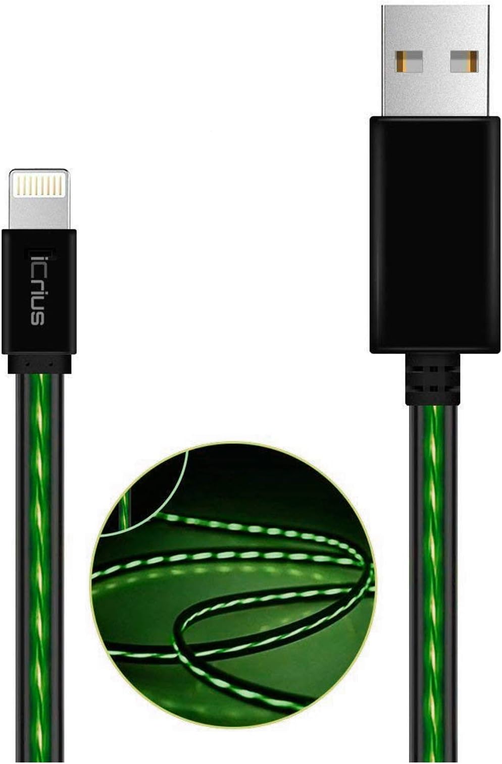 iCrius Phone Cables 3Ft Visible Flowing LED Light USB Charger Cable Data Sync Charging Cord for Phone 8/7/7 Plus/6/6 Plus/6s/6s Plus/5/5s/SE Pad/Pod/Beats Pill+ and More,0.9M(Green)