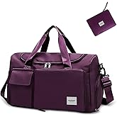 WOOMADA Foldable Travel Duffel Bag with Shoes Compartment, Overnight Bag with Wet Pocket & Trolley Sleeve, Weekender Bags for Women (purple)