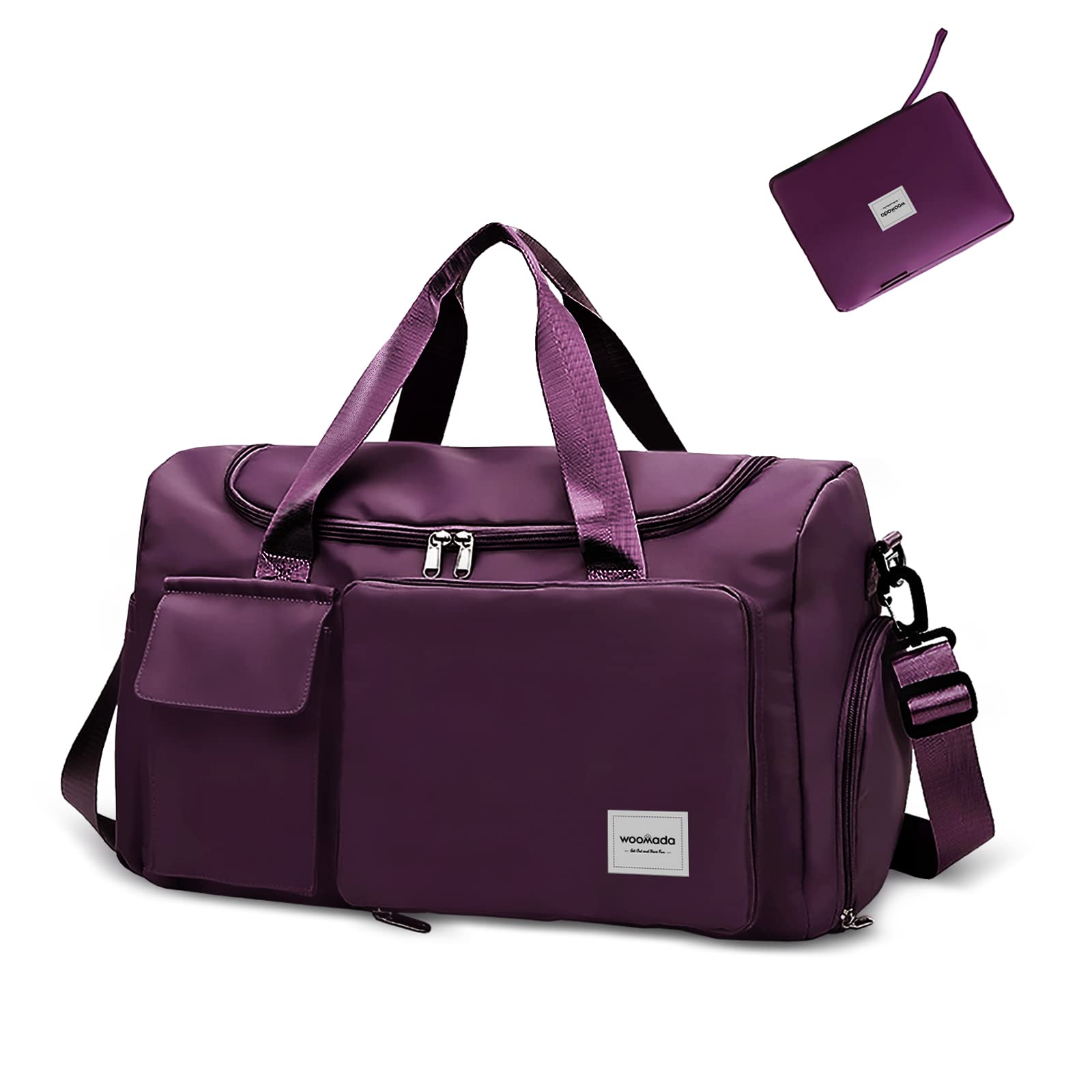 WOOMADA Foldable Travel Duffel Bag with Shoes Compartment, Overnight Bag with Wet Pocket & Trolley Sleeve, Weekender Bags for Women (purple)
