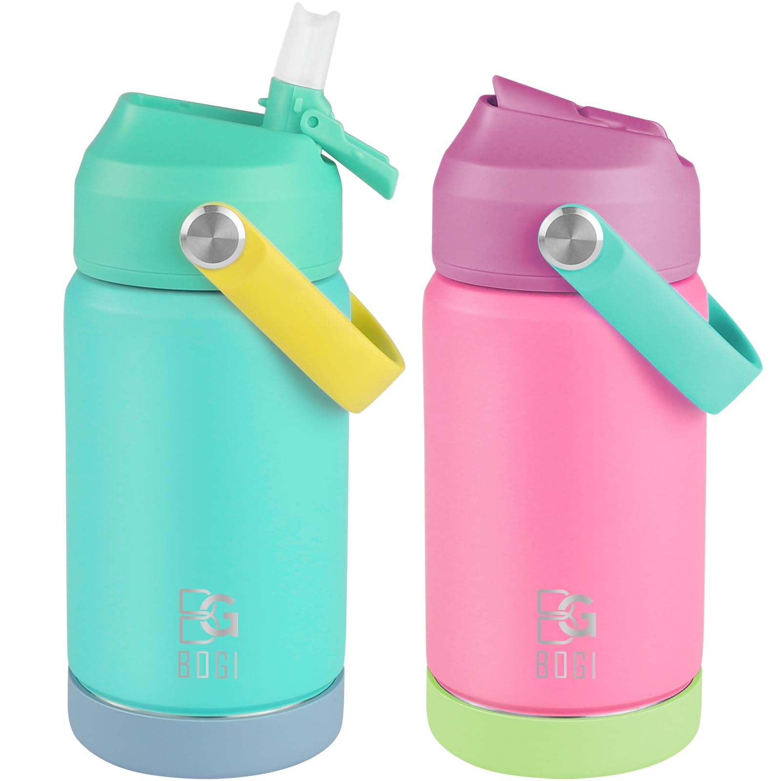 BOGI Metal Water Bottle with Straw, 350ml Stainless Steel Water Bottle for School Leak Proof Insulated Water Bottle | 2Pack-Mint+Pink