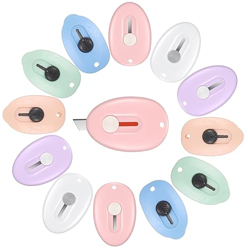 Honoson 12 Pcs Mini Box Cutter Retractable Utility Knife Cute Small Letter  Opener Envelope Slitter Package Box Opener with Keychain Hole,
