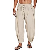 COOFANDY Men's Cotton Linen Harem Pants Drawstring Casual Cropped Trousers Lightweight Loose Beach Yoga Pants with Pockets