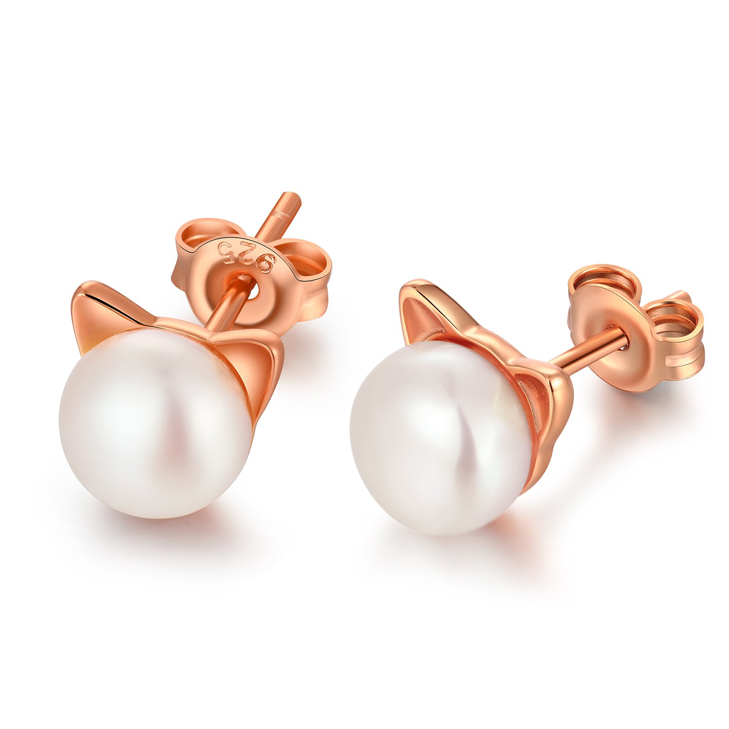 Jiahanzb 925 Sterling Silver Cat Earrings for Women Pearl Stud Earrings Rose Gold with Pearls Jewellery — image 1