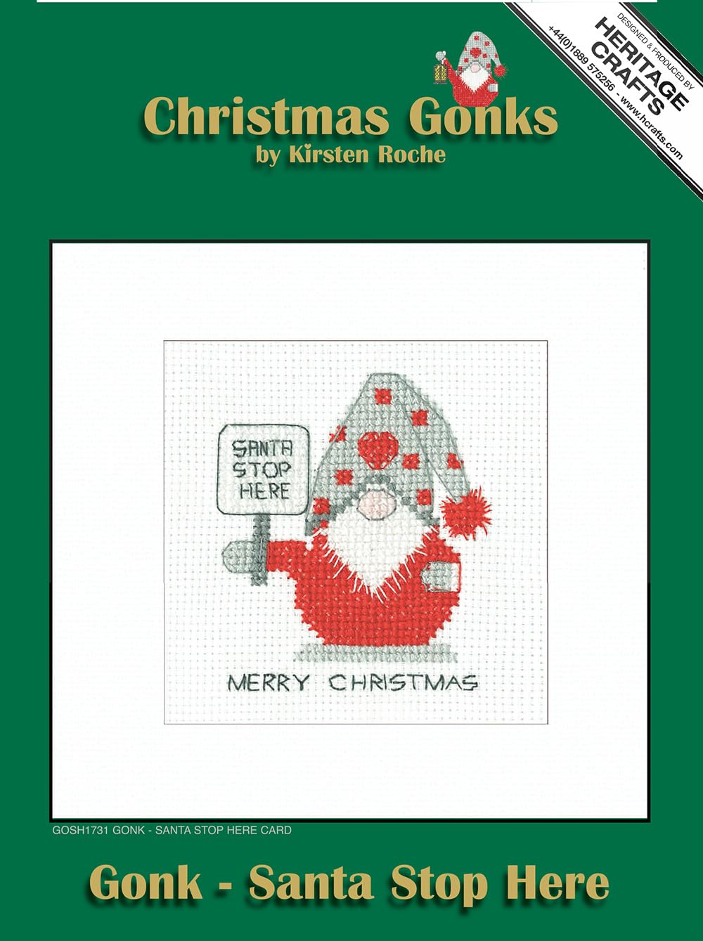 Heritage Crafts Cross Stitch Kit - Christmas Card, Gonk - Santa Stop Here - Kirsten Roche
