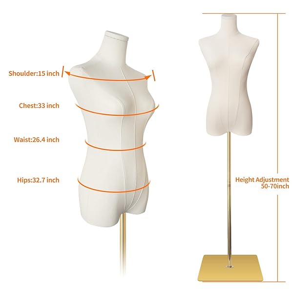 SHAREWIN FEMALE MANNEQUIN TORSO WOMEN DRESS FORMS FOR SEWING MANICANEQUIN BODY HIGH STABILITY GOLD METAL STAND FOR CLOTHING DRESS JEWELRY DISPLAY ADJUSTABLE HEIGHT 50”-70” THIN BODY