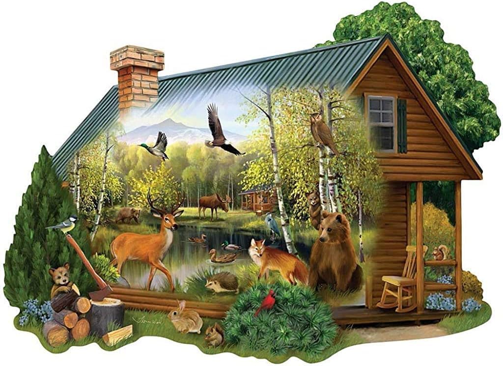 Bits and Pieces - 750 Piece Shaped Jigsaw Puzzle for Adults - Cabin in the Wild - 750 pc Forest Animals Jigsaw by Artist Thomas Wood